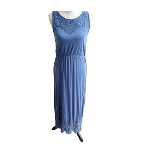 Chico’s Crochet Knit Maxi Dress Blue Size Small Elastic Waist Sleeveless Spring